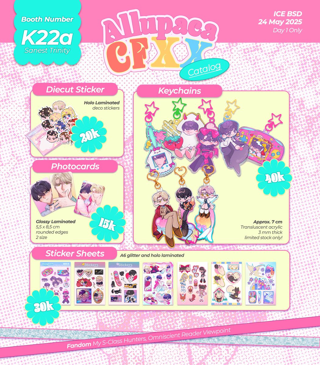 allupaca's tweet image. 💞 Allupaca’s CFXX Catalog &amp;amp; Preorder 💞

⏰ 20 - 27 April 2025
📍 ICE BSD, 24 Mei 2025 (SATURDAY ONLY)
💖 K22a Sanest Trinity (Pick up only)

#CFXX  #CF20 #ComifuroXX #COMIFURO20 

⬇️  Other information on thread below ⬇️