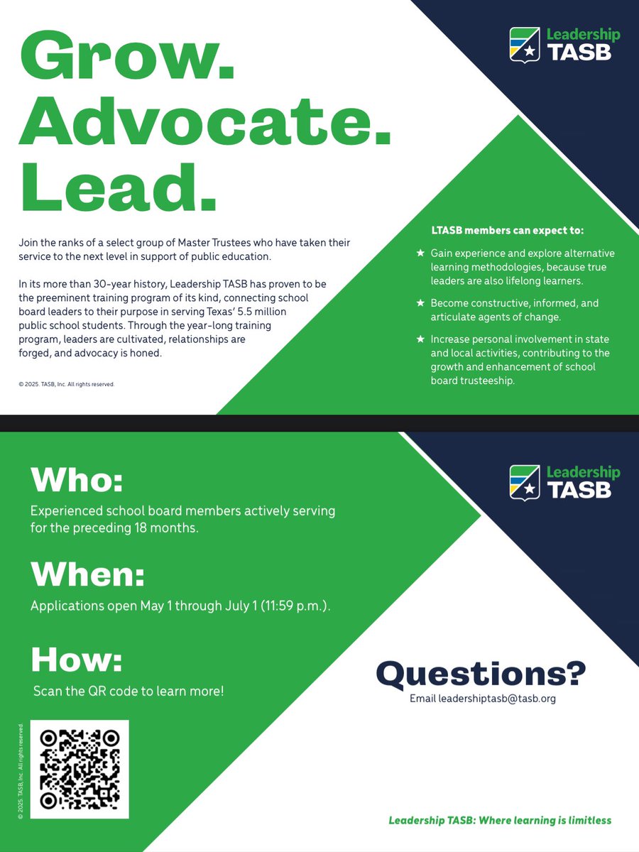 DrRLong3's tweet photo. Ready to lead?
Leadership TASB Class of 2026 applications open May 1!
Become part of a network that is shaping the future of Texas public education.
Tag a trustee who is ready to take their service to the next level!
https://t.co/JRIk4haOrJ
#LTASB #LeadershipTASB #txed https://t.co/sUNhIxg1Wo