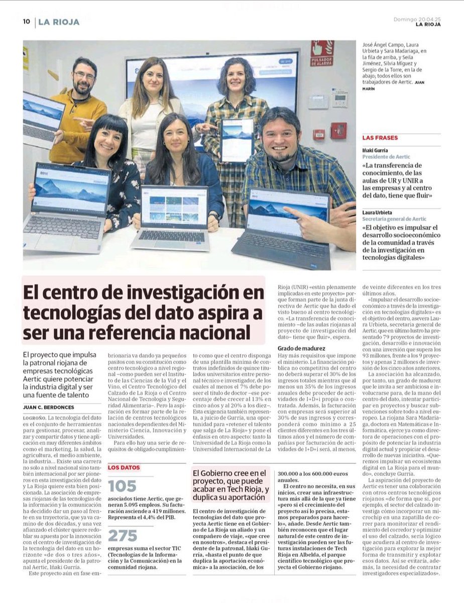 “El centro de investigación de tecnologías del dato aspira a ser referente nacional potenciando la industria digital y generando talento” Ese es el gran reto del equipo de AERTIC y sus empresas socias con el presidente <a href="/JIG_igurria/">Ignacio Gurría</a> a la cabeza <a href="/LauraUrbieta/">Laura Urbieta</a> <a href="/lariojacom/">lariojacom</a>