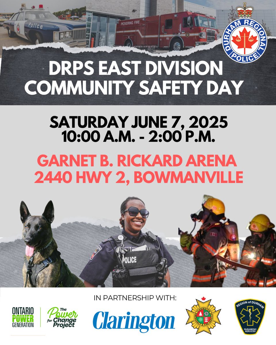 EAST DIVISION - Durham Regional Police Service (@drpseastdiv) on Twitter photo It's back!!!
Clarington Family Safety Day is back & happening at #GarnetBRickardArena on June 7th, 10am-2pm.
We will have a variety of participants: <a href="/DRPS/">Durham Regional Police</a>, <a href="/ClaringtonON/">Municipality of Clarington</a>, <a href="/Clarington_Fire/">Clarington Emergency and Fire Services</a>, <a href="/opg/">Ontario Power Gen</a>, <a href="/JanetLangeArt/">JanetLangeArt&Design</a>, & <a href="/larrypotter2024/">Larry Potter Events</a>.
Non-perishable food donations requested! It's back!!!
Clarington Family Safety Day is back & happening at #GarnetBRickardArena on June 7th, 10am-2pm.
We will have a variety of participants: <a href="/DRPS/">Durham Regional Police</a>, <a href="/ClaringtonON/">Municipality of Clarington</a>, <a href="/Clarington_Fire/">Clarington Emergency and Fire Services</a>, <a href="/opg/">Ontario Power Gen</a>, <a href="/JanetLangeArt/">JanetLangeArt&Design</a>, & <a href="/larrypotter2024/">Larry Potter Events</a>.
Non-perishable food donations requested!