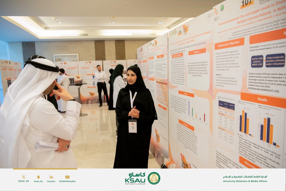 KSAU_HS's tweet photo. ضمن مشاركة جامعة الملك سعود بن عبدالعزيز للعلوم الصحية، أحرزت الطالبة فتون عليان من كلية الطب إنجازًا لافتًا بفوزها بالمركز الأول في فئة العروض الشفهية، وذلك خلال مشاركتها في المؤتمر الأول لشعبة التصلب المتعدد، الذي أُقيم مؤخرًا في مدينة الرياض.
وقد نالت هذا التتويج تقديرًا لتميّزها في تقديم بحثها العلمي بعنوان:
“The Effect of Pregnancy on the Frequency and Intensity of Multiple Sclerosis Relapses among Women in NGHA Hospital - Riyadh Center”
وذلك تحت إشراف الدكتورة أسماء العنزي من كلية الطب.
كما يجسد هذا الإنجاز مستوى التميز الأكاديمي والبحثي الذي تسعى الجامعة إلى ترسيخه، تأكيدًا على التزامها بدعم طلبتها وتعزيز حضورهم العلمي في المحافل المتخصصة، بما يرسّخ مكانتها كصرح رائد في التعليم الصحي.

#كاساو
