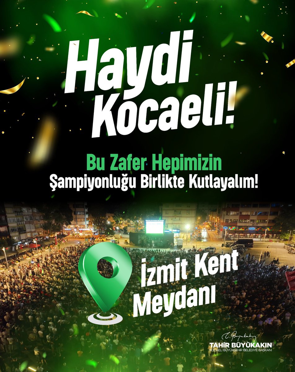 Haydi Kocaeli! Bu zafer hepimizin…
Şampiyonluğu coşkuyla kutlamak için İzmit Kent Meydanı’nda buluşuyoruz!💚🖤