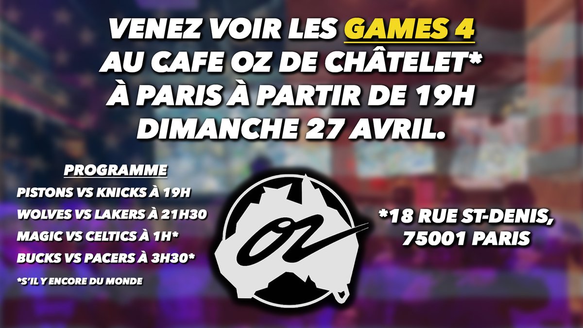 REVIVEZ LA NBA SUR GRAND ÉCRAN ! 🏀🇺🇸

À DIMANCHE PROCHAIN AU CAFÉ OZ DE CHÂTELET À PARIS !!!!!!!!! ⏰

ON REMET ÇAAAAAAAAA ET VENEZ AVEC VOS MAILLOTS ! POUR UNE SURPRISE 👀

SVP RT, LIKEZ, TAGGEZ DES POTES ET CITEZ POUR FAIRE PARTAGER, PRENEZ MÊME CE VISUEL S'IL LE FAUT ! 💙🤍❤️