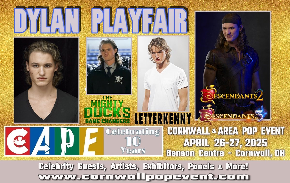 DMJConsult23's tweet photo. Next weekend, meet @DylanPlayfair & @MichelleMylett at @CAPE_2015 in #Cornwall, #Canada.
Further info here: https://t.co/n4jdbiwrXQ
#DylanPlayfair #MichelleMylett
#Descendants #Disney #Letterkenny #MightyDucks #GameChangers #FourInTheMorning #SomeAssemblyRequired https://t.co/FvjqgsmnbD