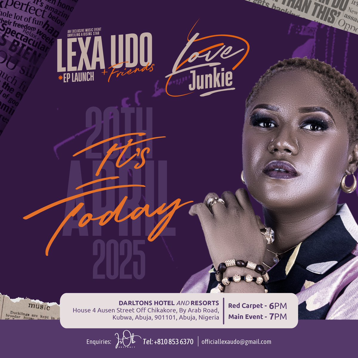 officiallexaudo's tweet photo. Love Junkie by Lexa Udo is live on all streaming platforms now!!!!

https://t.co/AGtWoRtR5r

Today we���re jamming live at Darlton Hotel And Resorts off Chikakore Junction, Arab Road.
6pm
#lexaudolive #afrofusionqueen #abujaevents #NewMusicAlert #lovejunkie #lexaudo https://t.co/HYPwsL9tJb