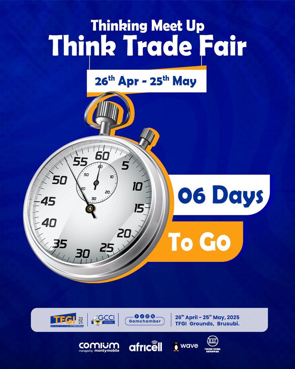 GCCI (@gamchamber) on Twitter photo ONLY 6-DAYS TO GO!!!!!π₯³
#TFGI25 Count down π€©
<a href="/emjobe/">Edrissa Mass Jobe</a>
<a href="/ITC_Gambia/">ITC Gambia</a>
<a href="/UNDP_TheGambia/">UNDP The Gambia</a>
<a href="/GambiaRoots/">ROOTS project Gambia</a>
<a href="/wave_gambia/">Wave Gambia</a>
<a href="/AfricellGM/">Africell Gambia</a> ONLY 6-DAYS TO GO!!!!!π₯³
#TFGI25 Count down π€©
<a href="/emjobe/">Edrissa Mass Jobe</a>
<a href="/ITC_Gambia/">ITC Gambia</a>
<a href="/UNDP_TheGambia/">UNDP The Gambia</a>
<a href="/GambiaRoots/">ROOTS project Gambia</a>
<a href="/wave_gambia/">Wave Gambia</a>
<a href="/AfricellGM/">Africell Gambia</a>