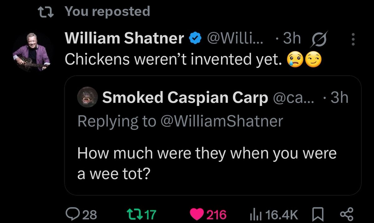 caspiancarp's tweet image. I can't believe I literally talked about the price of eggs with William Shatner.
The world is strange.