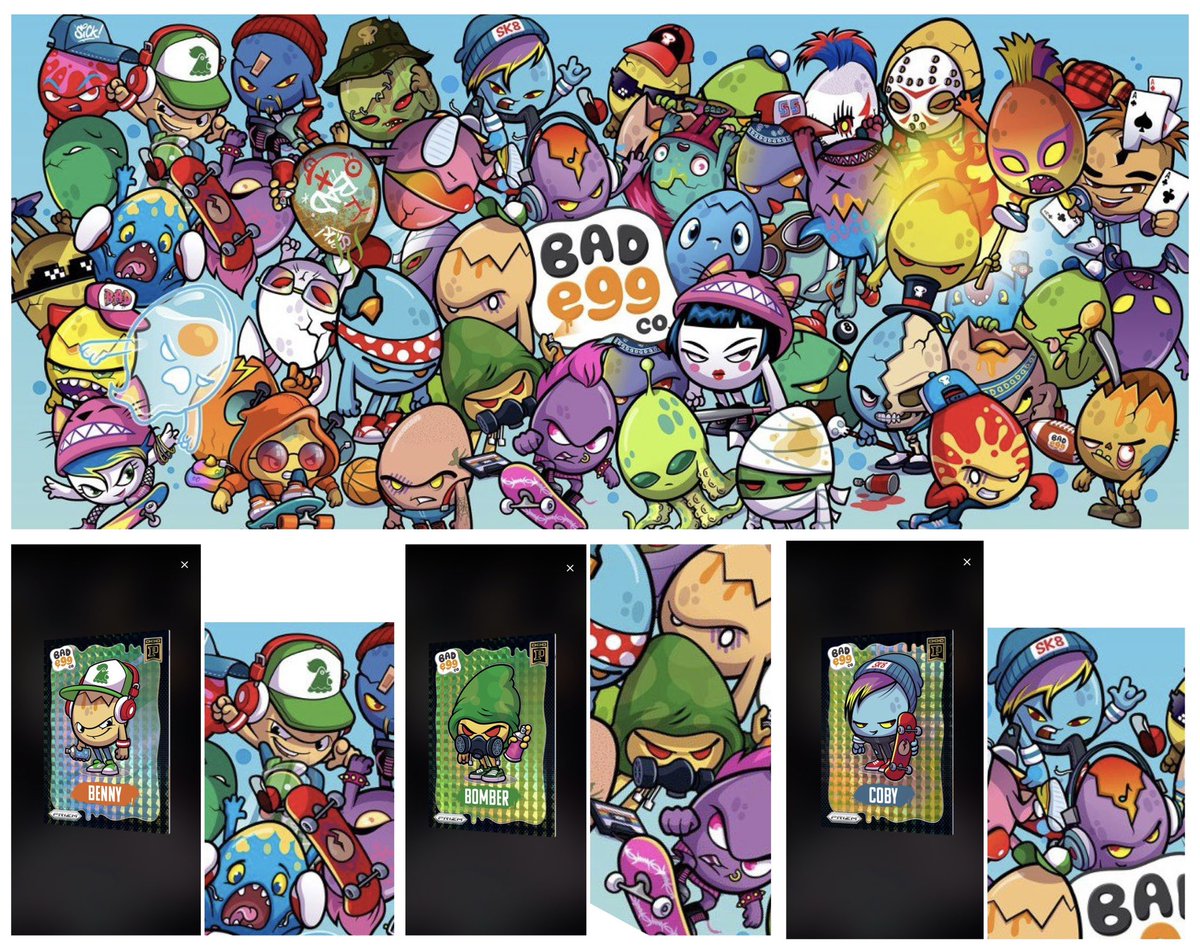 spinotron's tweet photo. In collecting, we care about history, evolution and provenance a lot. 

Today, @Gabo_Anany shared a banner from early days of @BadEggCompany and identified several exact characters from @PaniniAmerica #PaniniBlockchain collab there.

Actually 21 of 30 egg characters can be found. 

Scram seems to be the first appearance which adds to the desirability. Can you spot the remaining 9?! Who is your favorite egg?! Featured or not.

Happy Easter!!!