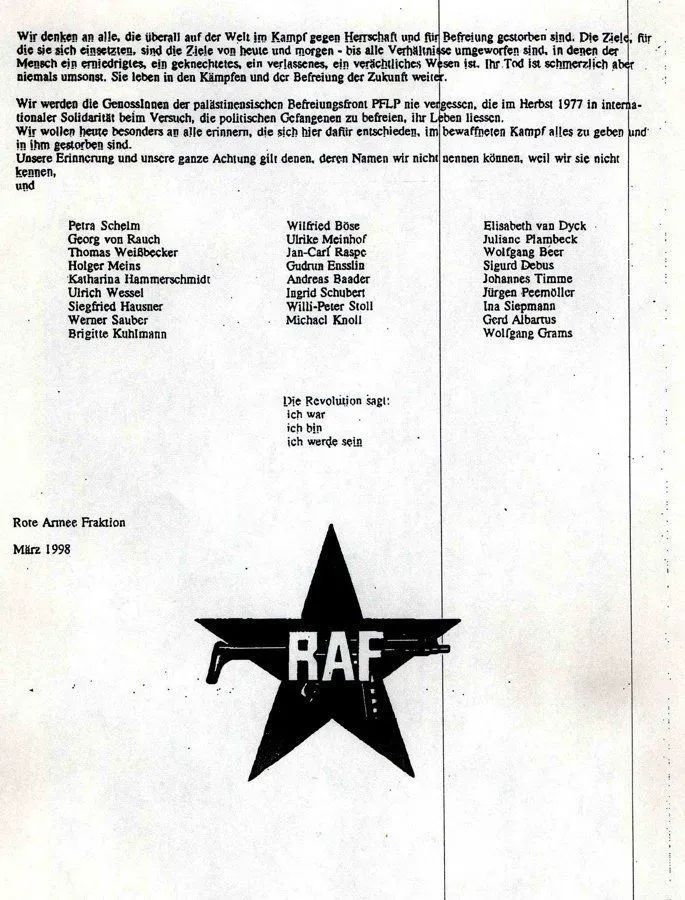 RadicalPast's tweet photo. Heute vor 27 Jahren: Bei der Nachrichtenagentur Reuters geht ein Schreiben ein. "(...) Heute beenden wir dieses Projekt. Die Stadtguerilla in Form der RAF ist nun Geschichte.“ https://t.co/zi2eqt97h1