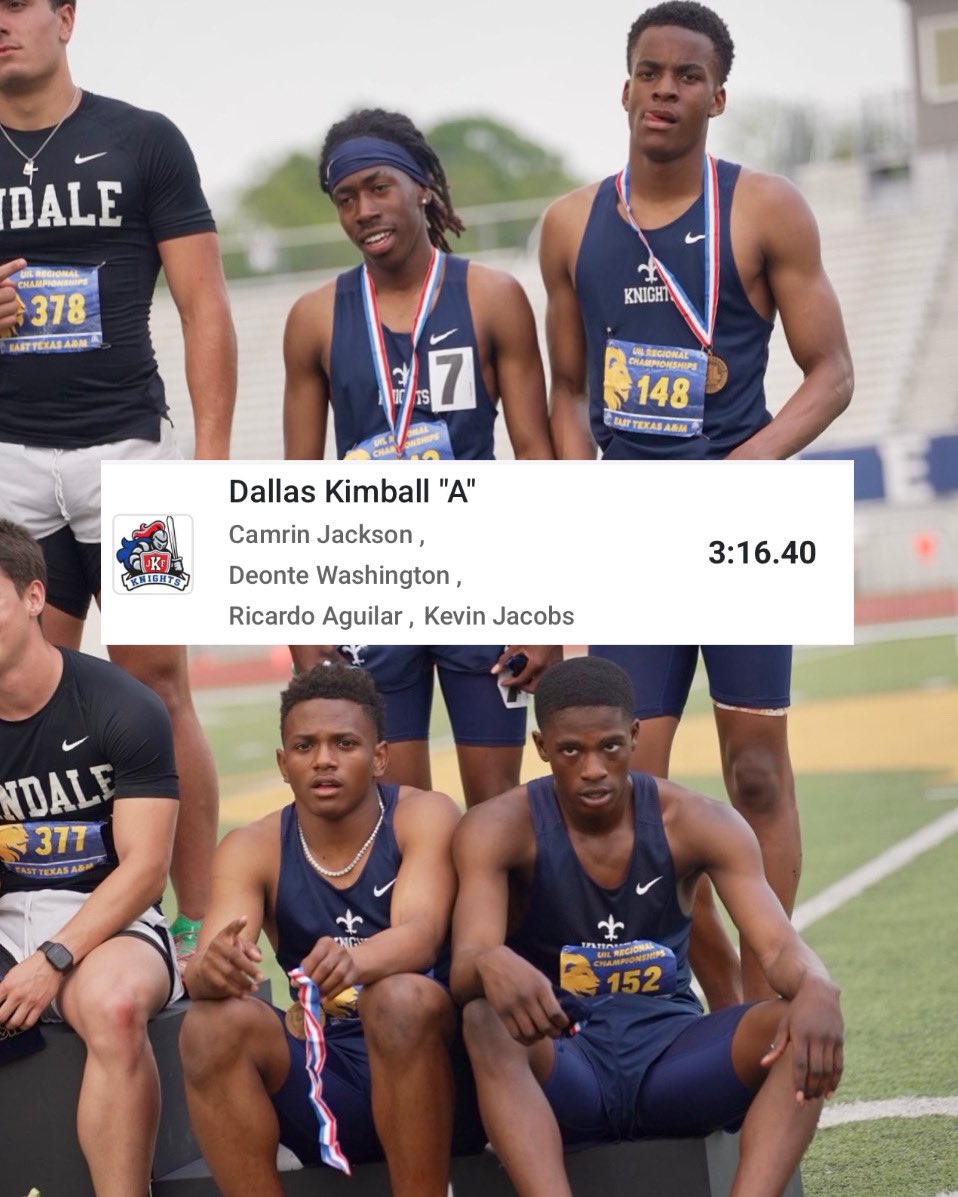 The K Barstool (@thek_barstool) on Twitter photo Congratulations to Kimball 4x400 relay on qualifying for <a href="/uiltexas/">Texas UIL</a> state championship meet. Kimball will enter with third fastest time in the state meet field
<a href="/camrinjackson25/">Camrin Jackson</a> <a href="/ricovsdawrld/">Ricardo โRicoโ Aguilar</a> <a href="/KevinJacobsll/">Kevin Jacobs</a> Deonte Washington Congratulations to Kimball 4x400 relay on qualifying for <a href="/uiltexas/">Texas UIL</a> state championship meet. Kimball will enter with third fastest time in the state meet field
<a href="/camrinjackson25/">Camrin Jackson</a> <a href="/ricovsdawrld/">Ricardo โRicoโ Aguilar</a> <a href="/KevinJacobsll/">Kevin Jacobs</a> Deonte Washington