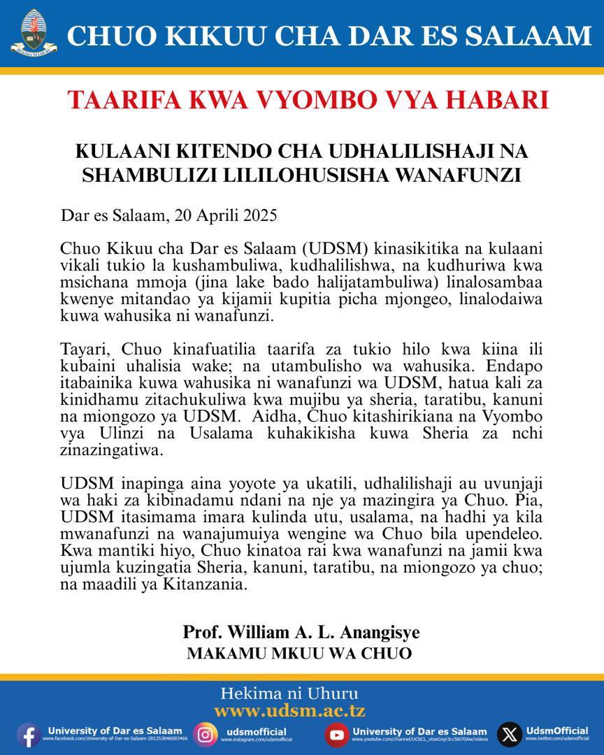 Shukrani kwa uongozi makini wa Chuo kikuu cha Dar Es Salaam (UDSM) kwa kuongezea sauti kwenye tukio hili. Hakika, vyuo vyetu ni tunu yetu ya ustaarabu wetu, vilindwe kwa bidii na heshima zote. 

<a href="/UdsmOfficial/">University of Dar es Salaam</a> <a href="/udsm_alumni/">University of Dar es Salaam Alumni</a>
<a href="/maendeleoyajami/">WIZARA YA MAENDELEO YA JAMII</a> 
<a href="/tanpol/">Police Force TZ</a>