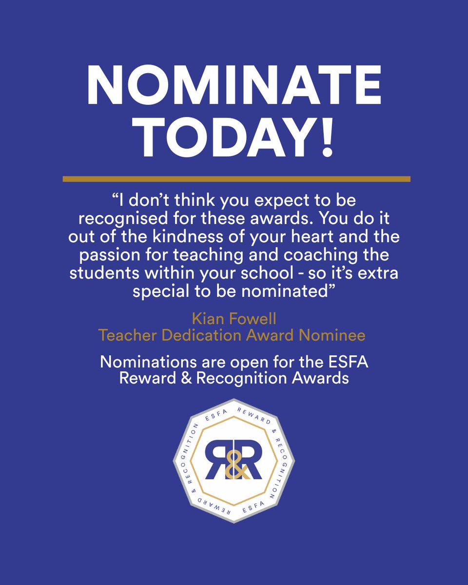 💥Reward and Recognition💥

Behind every great match, team, or football journey is a person who made it possible 💙

Volunteers, teachers, and pupils dedicate hours to making schools’ football special. Nominating them for an ESFA R&amp;R Award shows them their impact is recognised,