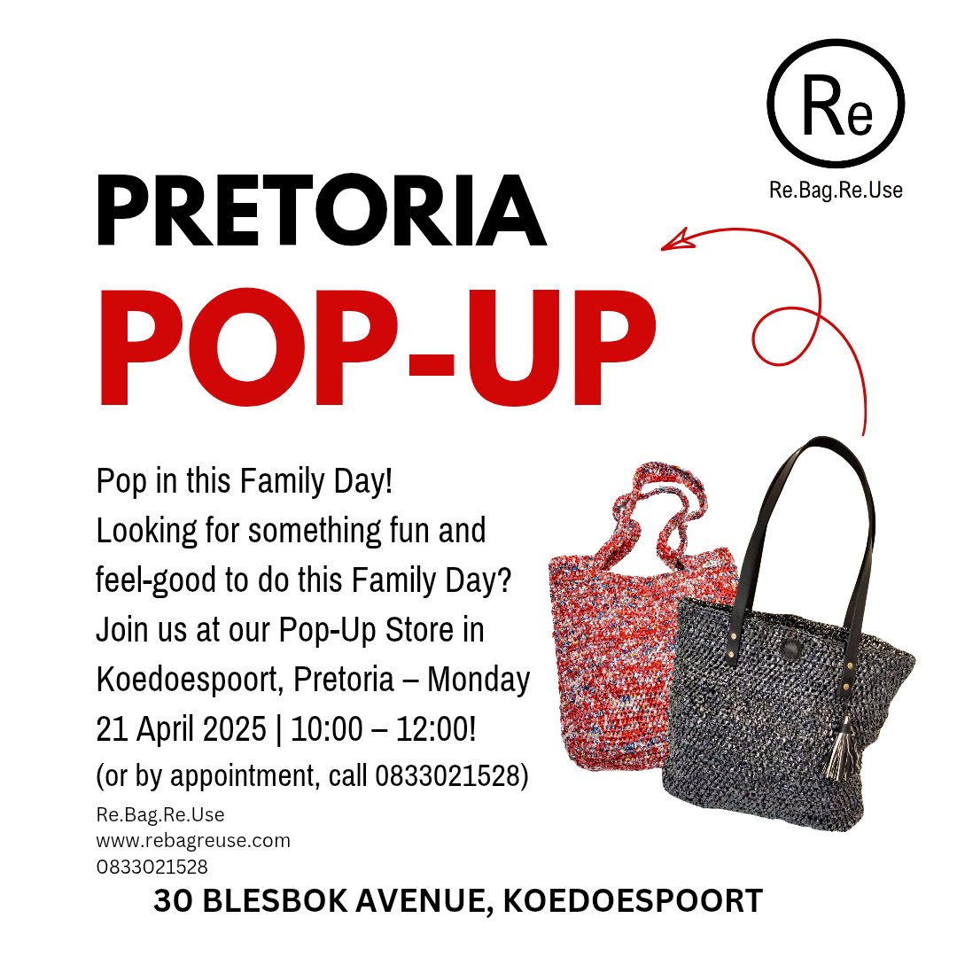 PRETORIA POP-UP
Pop in this Family Day!
Looking for something fun and feel-good to do on Family Day?

Join us at our Re.Bag.Re.Use Pop-Up Store: 30 Blesbok Ave, Koedoespoort, Pretoria.
When: Monday, 21 April 2025 | 10:00 – 12:00
(or by appointment – 083 302 1528)