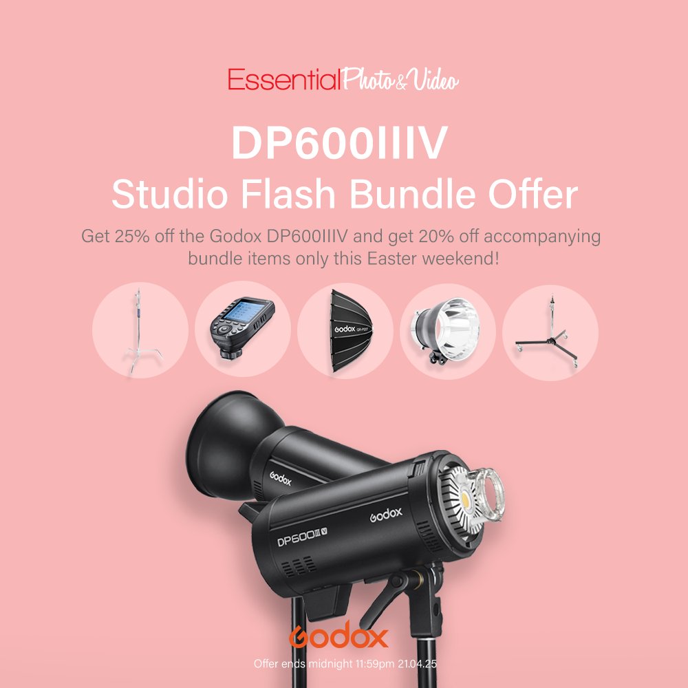 🐰 Ends tomorrow night! Shop 25% off the <a href="/GodoxGlobal/">Godox Global</a> DP600IIIV Studio Flash, and access 20% off a select range of accessories in our studio flash bundle this Easter Weekend! 💥  
essentialphoto.co.uk/products/dp600… 
Offer ends 11:59pm, Monday 21st April. T&amp;Cs apply.