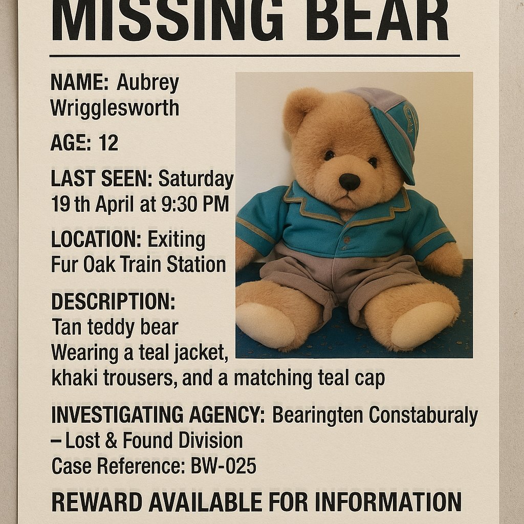 DCI Sherlock Holmes "I'm leading the investigation into missing cub Aubrey Wrigglesworth. Aubrey has not been in contact with his father for over 24 hours, and we're growing concerned for his safety".