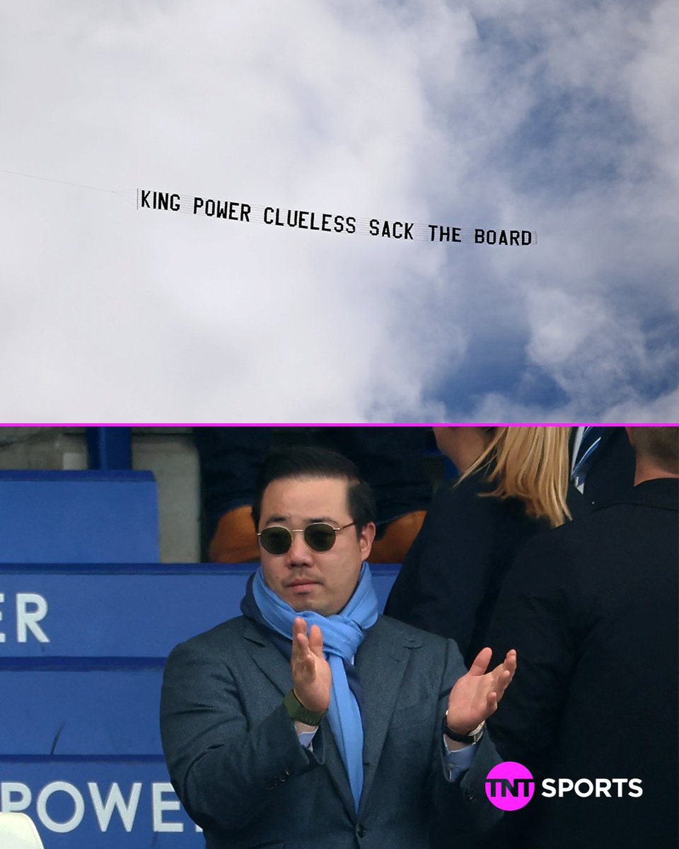 footballontnt's tweet photo. A banner was flown over the King Power Stadium before kick-off today, with a message directed at the Leicester City board.

The fans are not happy 😡 https://t.co/hwtsOZQ5Ho