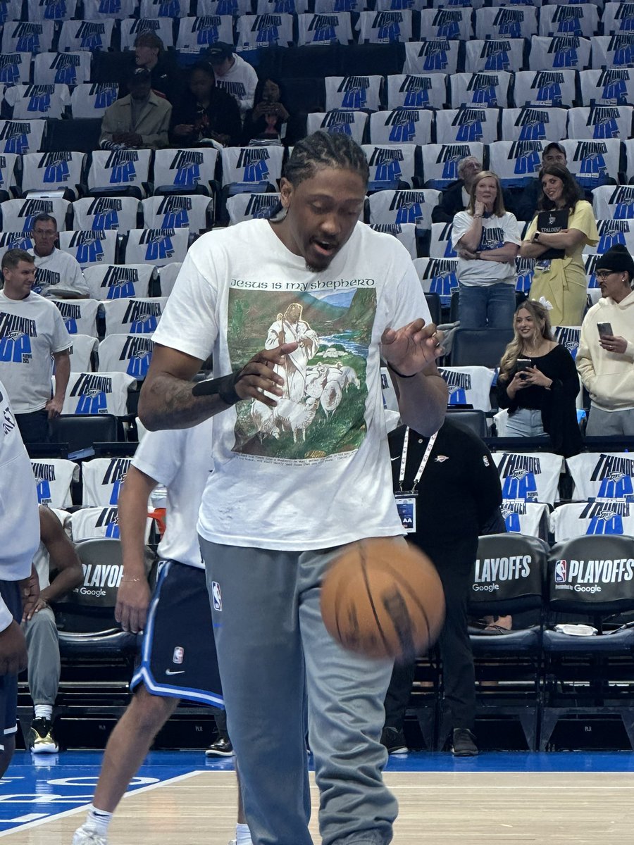 Jalen Williams with the new pregame warmup shirt