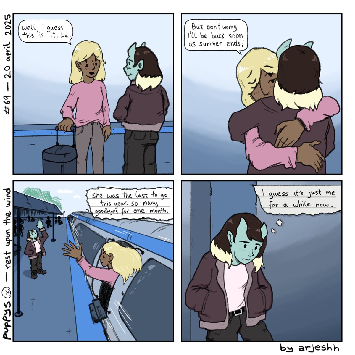 puppyscomic's tweet photo. # 69 - rest upon the wind

lucy says bye to angel for the summer, at the train station. https://t.co/K1NPQCXpD6