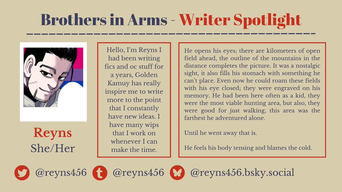 [ #goldenkamuy #zine ]

Look out for Reyns ( <a href="/reyns456/">reyns</a> ), another incredibly talented writer!
