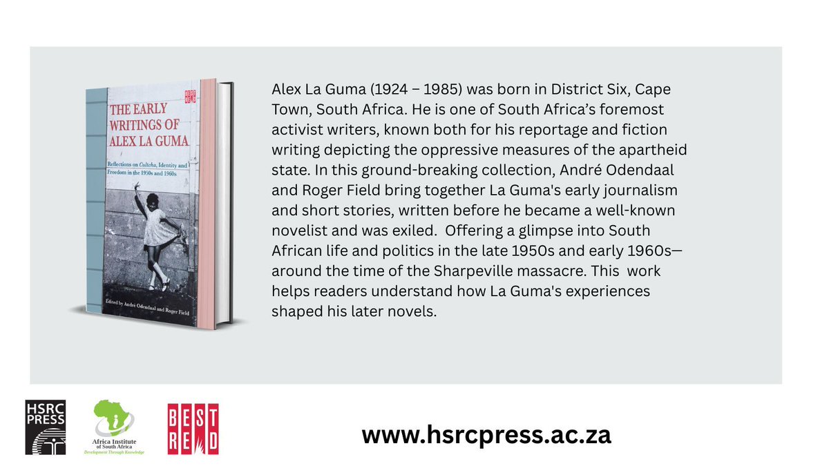 André Odendaal and Roger Field present La Guma's early journalism and stories, providing insights into South African life and politics in the late 1950s and early 1960s, around the time of the Sharpeville massacre. hsrcpress.ac.za/product/the-ea… #HSRCza
