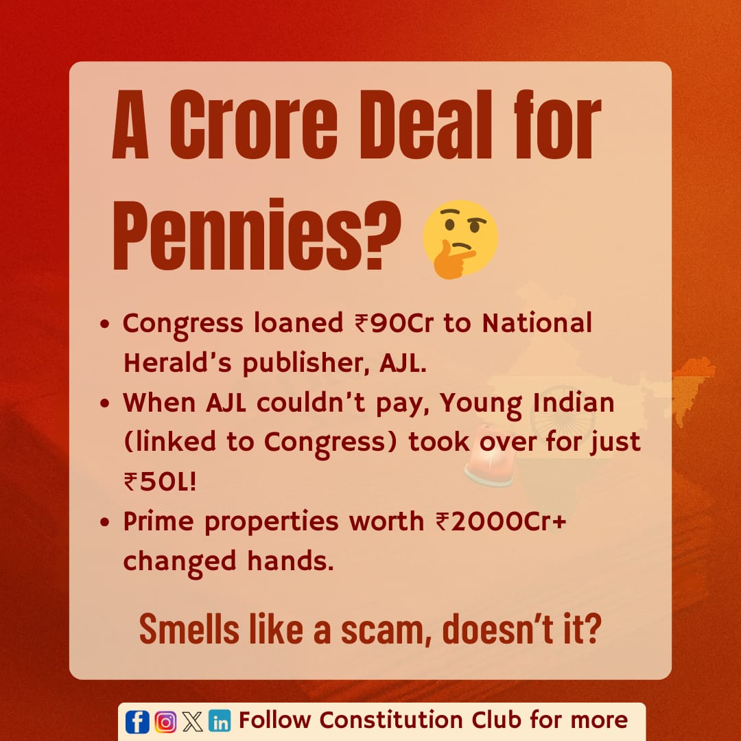 CC_Mumbai's tweet photo. ED is closing in, but why the silence from the top? ⚖️ Bharat deserves answers. Now.
#NationalHeraldScam #ExposeTheTruth #JusticeForBharat #PoliticalScam #KnowTheFacts #ConstitutionClub https://t.co/zDfq4HZ0ag