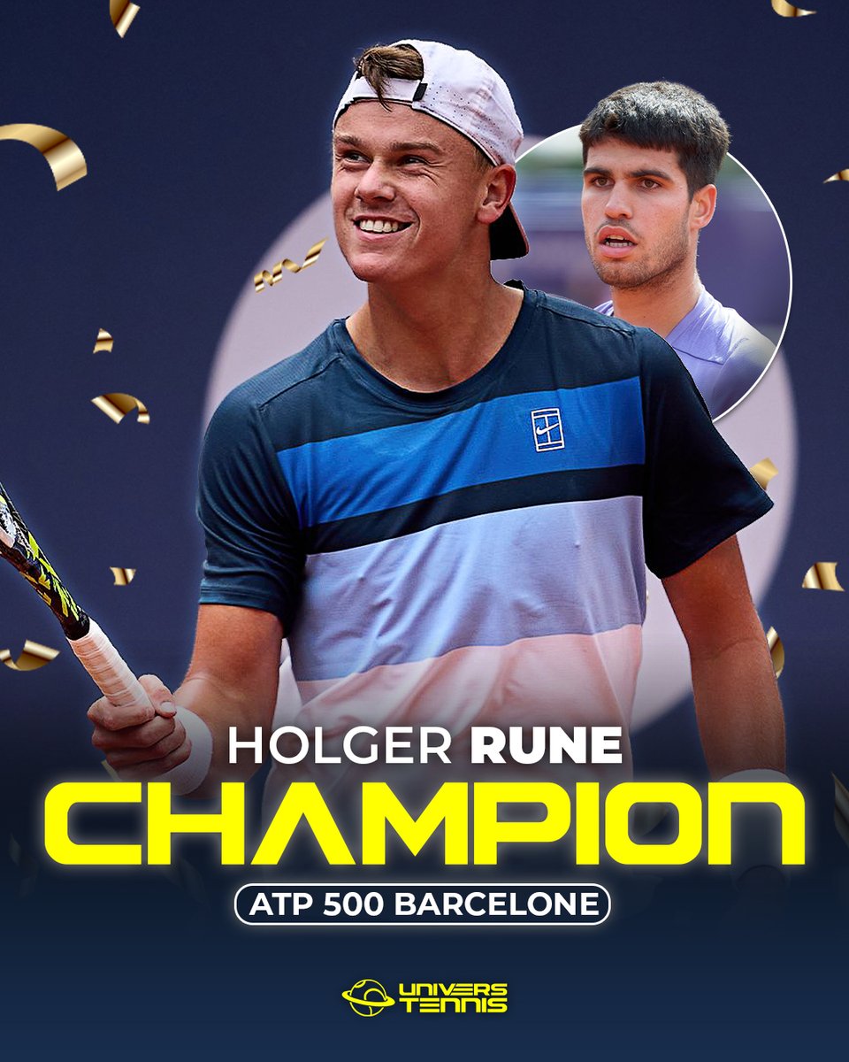 UniversTennis's tweet photo. RUNE ROI À BARCELONE 👑

Holger Rune s'impose contre Carlos Alcaraz en finale (7-6, 6-2) et décroche son cinquième titre à 21 ans, le premier depuis deux ans. 🏆

Le Danois va retrouver le TOP 10 à la 9e place. 🇩🇰