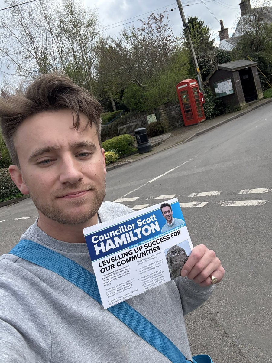 ScottHam2win's tweet photo. Despite getting the wind swept look! I had a great day yesterday out in Ancrum, Lanton, Crailing and Eckford delivering my latest leaflet. I hope everyone has a peaceful and happy Easter. #ScotTories #Borderssunshine https://t.co/THmrFNaWZ7