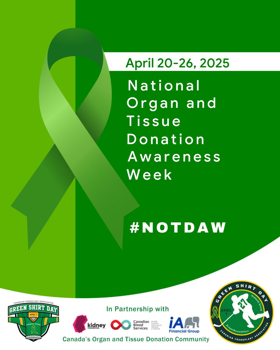 💚 It’s National Organ and Tissue Donation Awareness Week – April 20–26, 2025! 💛

Let’s keep the momentum going from #GreenShirtDay and continue to spark conversations, inspire registrations, and honour the legacy of organ donors and their families.

👉 Wear your Green Shirt Day