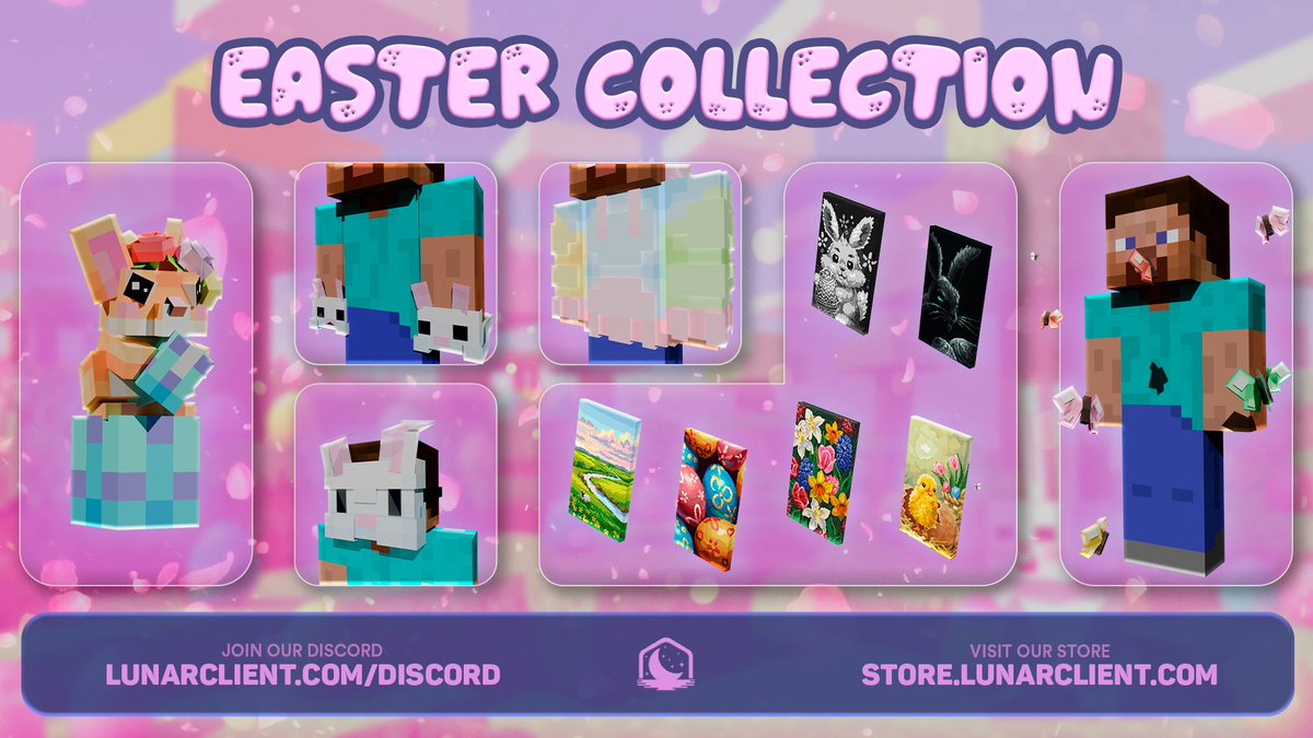 Happy Easter to all who celebrate! 🐰 

Our new Easter cosmetics are available at store.lunarclient.com and the entire store is 15% off! 🌷

Like this post for a chance to win 5x Easter cosmetics of your choice! 🩷
