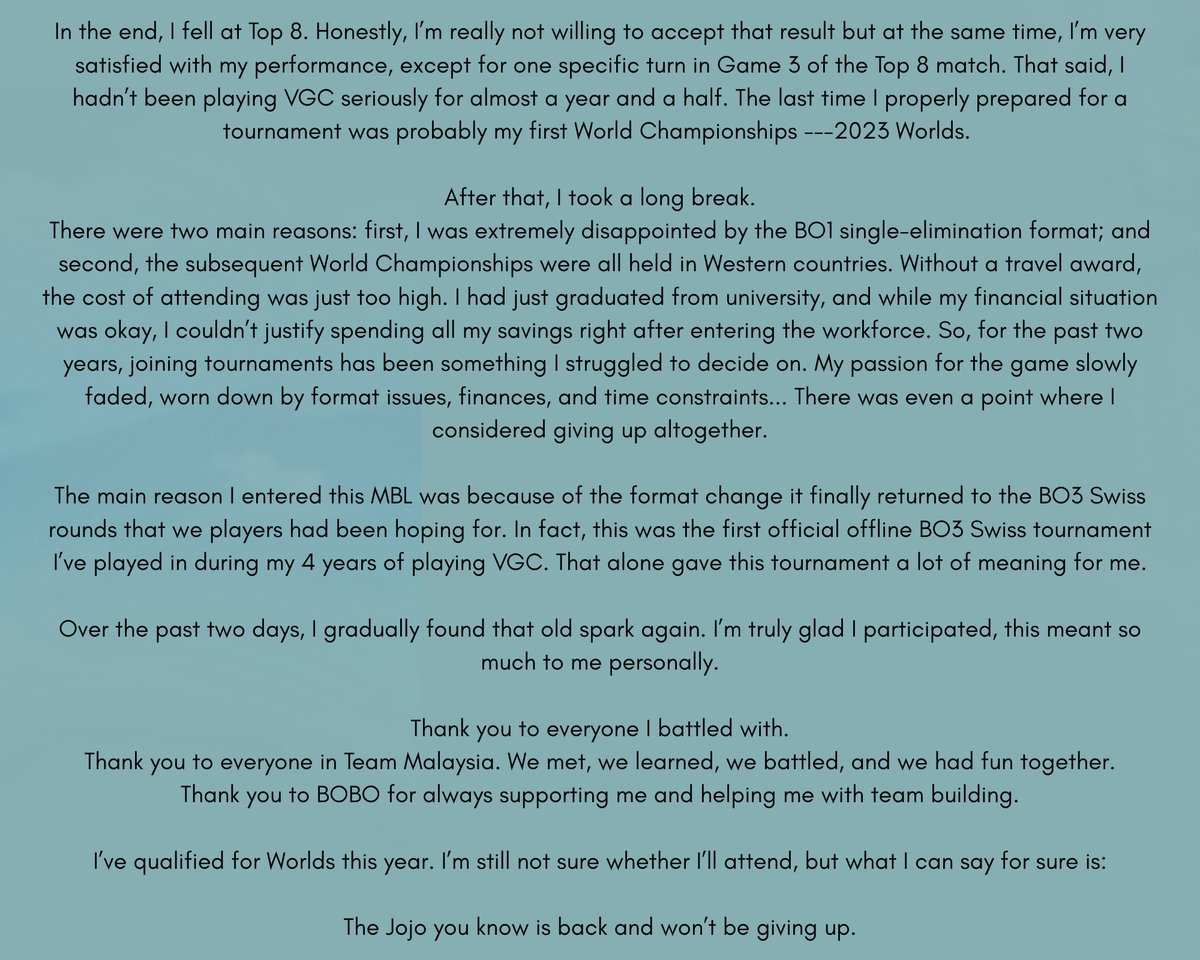 A Message from Jojo
Glad to made TOP 8 In MBL Malaysia.
Thank you everyone and see u all next~~~~~