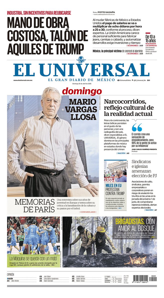¡Buenos días lectores! ☕☀️ Iniciamos la jornada informativa con la portada de EL UNIVERSAL de este domingo 20 de abril 📰