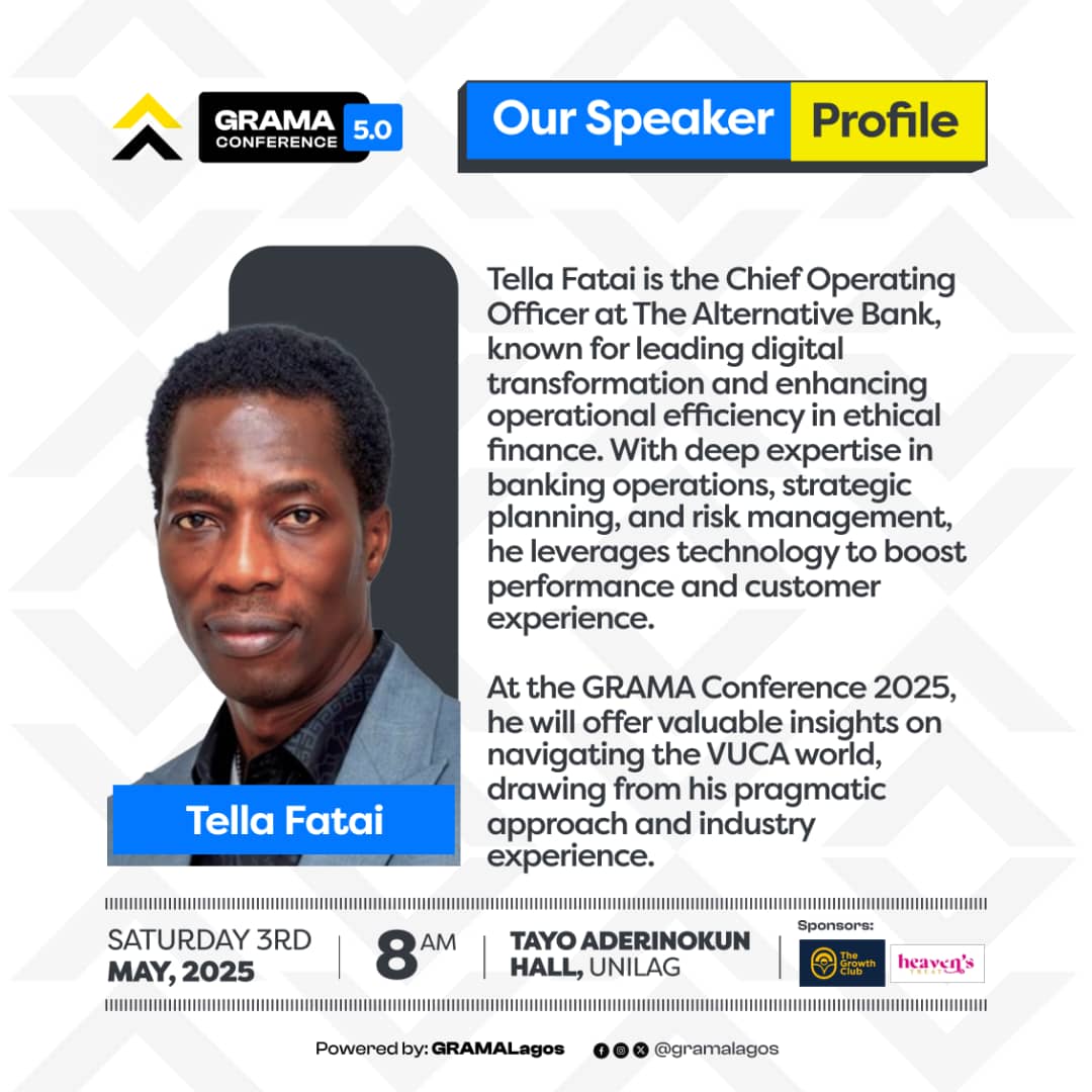 GRAMALagos's tweet photo. Introducing Fatai Tella, COO of The Alternative Bank!

A leader in digital transformation, operational efficiency, and ethical finance.

At #GRAMAConference2025, he’ll share strategies for navigating the VUCA world.

Get ready to learn from a game-changer! https://t.co/eF6aWcbWAU