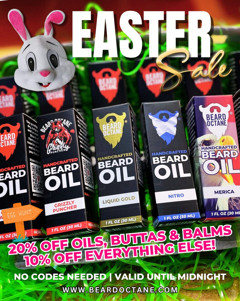 🐣 HAPPY EASTER from Beard Octane! 🧔‍♂️✨

🎉 Easter Sale ends TONIGHT 👇
🧴 20% OFF Oils, Butters &amp; Balms
🔧 10% OFF everything else

Stock up now before the beards (and deals) disappear! ⏳🐰
👉 BeardOctane.com