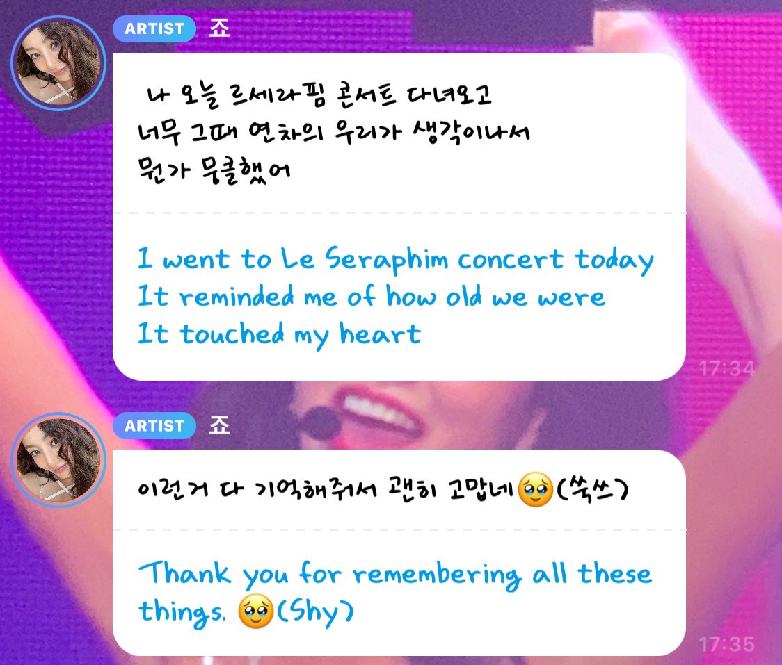 elsserafim's tweet photo. TWICE Jihyo talked about LE SSERAFIM on Bubble 🍭 

: I went to LE SSERAFIM's concert today &amp; it reminded of [TWICE] back in our earlier days
: it made me feel kind of emotional https://t.co/HszoogohMt