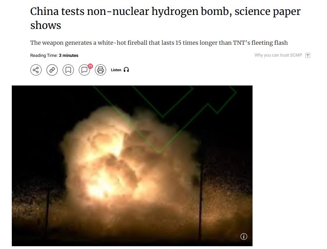 China has successfully detonated a hydrogen-based explosive device in a controlled field test, triggering devastating chemical chain reactions without using any nuclear materials.

Source: SCMP