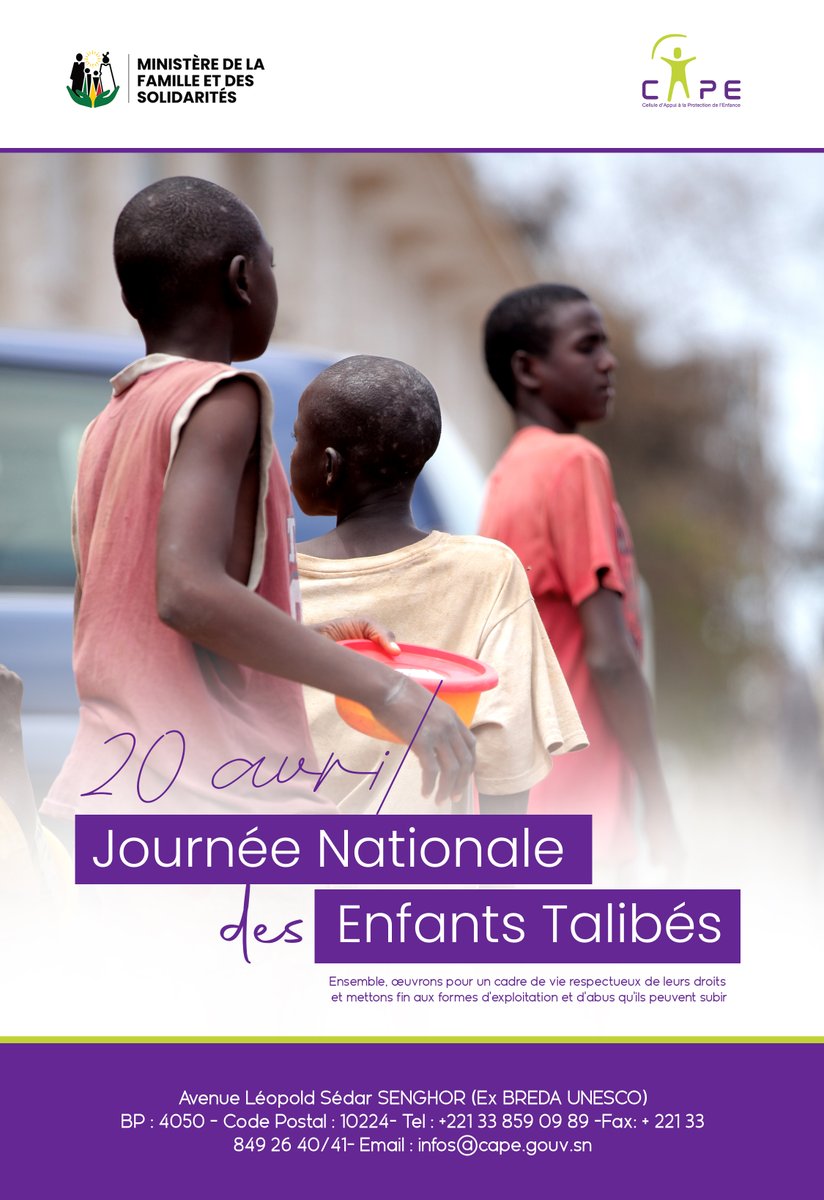 Journée Nationale des Enfants Talibés ! 
En cette journée dédiée aux enfants talibés, la Cellule d’Appui à la Protection de l’Enfance (CAPE) réaffirme son engagement pour le respect, la protection et la dignité de ces enfants, souvent exposés à des situations de vulnérabilité.