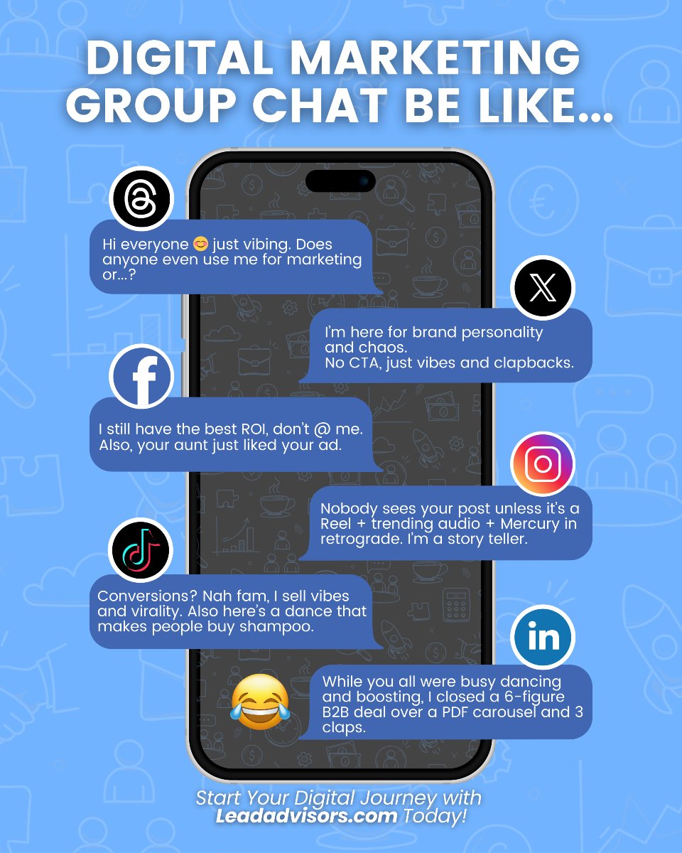 lead_advisors's tweet image. When every platform thinks they’re the main character in your strategy 😂
Welcome to the most chaotic group chat in digital marketing.
#MarketingHumor #SocialMediaLife #LeadAdvisors