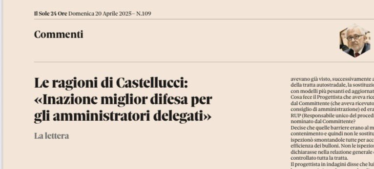 Inspiegabile ed eticamente scorretta decisione del <a href="/sole24ore/">IlSole24ORE</a> di ospitare un condannato come l’ex ad di Autostrade, Castellucci, a disastro e omicidio colposo per la morte di 40 persone. I giornali devono garantire una soglia etica più alta della società! 
#castellucci #sole24ore