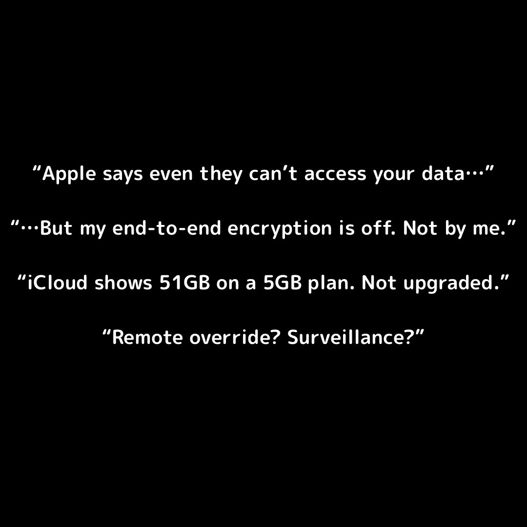 chikarina's tweet photo. “Apple says even they can’t access your data — but what if they already did?”
Or
“End-to-end encryption turned off. 5GB plan showing 51GB. Apple, explain this.”
Hashtags for Visibility
#ApplePrivacy #Encryption #SurveillanceAlert #iCloudIssue #JusticeForChika https://t.co/ENqhIzbVl5