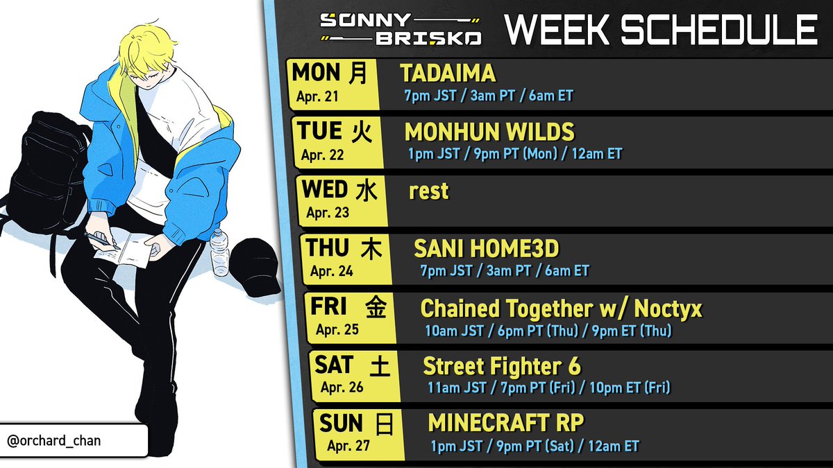 sonny_brisko's tweet photo. SCHEDULE THIS WEEK

//hashtags
General: #SonnyBrisko
Live: #SonnyLive
Art: #Briskart
NSFW: #FriskyBrisky
Meme: #FunnyBrisko
Thumbnail: #Thumbjail
Clip tag: #Brisklips
Assets/Props: #Sonnsets

Art by @/orchard_chan https://t.co/irXhAVM1yI