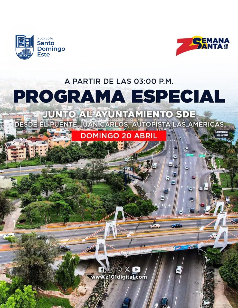 z101digital's tweet image. 🎙 ¡Buenas tardes! Hoy tendremos un #ProgramaEspecial con #ElGobiernoDeLaMañana, una transmisión junto al Ayuntamiento de Santo Domingo Este desde el puente Juan Carlos de la Autopista Las Américas, SDE.
A partir de las 3:00 p. m.
¡Mantén la sintonía!
#Z101 #ZDigital
