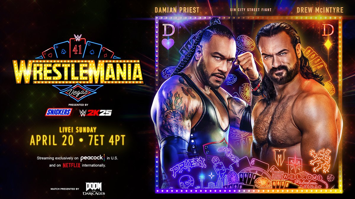 WWE's tweet photo. TONIGHT @ArcherOfInfamy and @DMcIntyreWWE are set for an all-out brawl when they clash in a Sin City Street Fight at #WrestleMania! 

LIVE on @peacock in the US and @Netflix internationally.

▶️: https://t.co/758VvyzsYu https://t.co/9Hi0TuAQ17