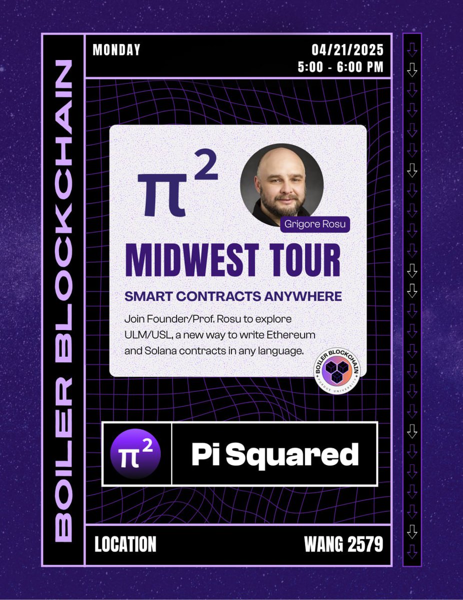 Boiler Blockchain (@boilerchain) on Twitter photo Weโre hosting <a href="/RosuGrigore/">Grigore Rosu</a>, founder of <a href="/Pi_Squared_Pi2/">Pi Squared</a>, at Boiler Blockchain!!!
He'll be sharing how to write Ethereum + Solana smart contracts in any language with ULM/USL, and Purdue students will be one of the first to access the testnet.
Intern + ETHCC opps too ๐ Weโre hosting <a href="/RosuGrigore/">Grigore Rosu</a>, founder of <a href="/Pi_Squared_Pi2/">Pi Squared</a>, at Boiler Blockchain!!!
He'll be sharing how to write Ethereum + Solana smart contracts in any language with ULM/USL, and Purdue students will be one of the first to access the testnet.
Intern + ETHCC opps too ๐