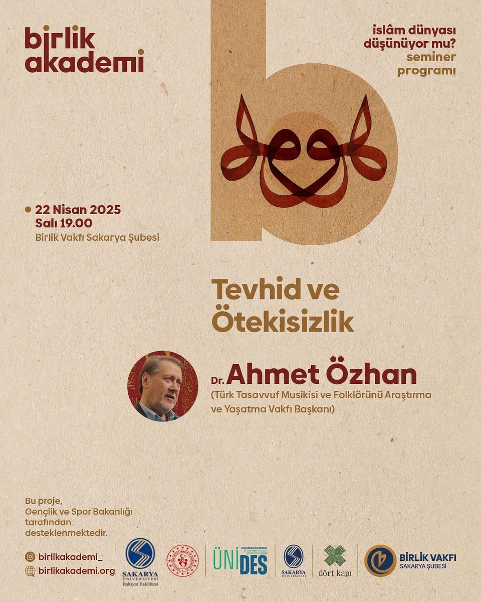 dort_kapi's tweet photo. İslam Dünyası Düşünüyor mu?" başlıklı seminer programımız kapsamında "TEVHİD VE ÖTEKİSİZLİK" konusu ile mutasavvıf Ahmet ÖZHAN Birlik Akademi'nin konuğu oluyor. İslam düşüncesinde farklı ufuklara yolculuk etmek isteyen tüm dostlarımızı bekleriz.
📅 22 Nisan 2025 Salı ⏰️ 19.00 https://t.co/1tlraL8TO4