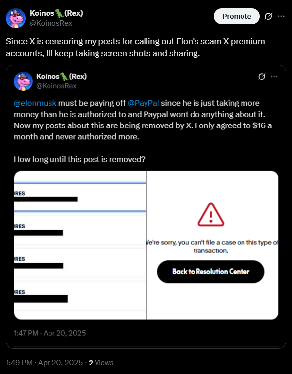 KoinosRex's tweet photo. @elonmusk @PayPal Posts are being deleted for calling this out! https://t.co/S6y1z4HmIZ