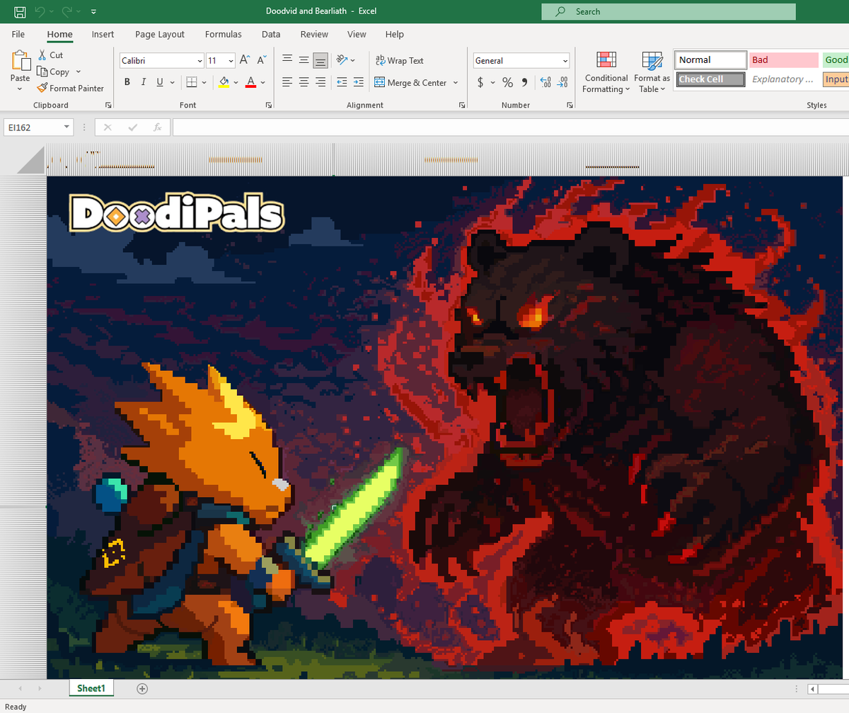 Doodvid🗡️&amp; Bearliath🐻 

Entry for <a href="/DoodiPals/">DoodiPals</a>' Artwork Extravaganza!

Made in MS Excel (255R x 385C) Total of 98,175 pixels or should I say, cells 😉

Total Work Time⌛️: 23 hrs 

Time to touch some grass🌿

#DoodiArt $DOODi