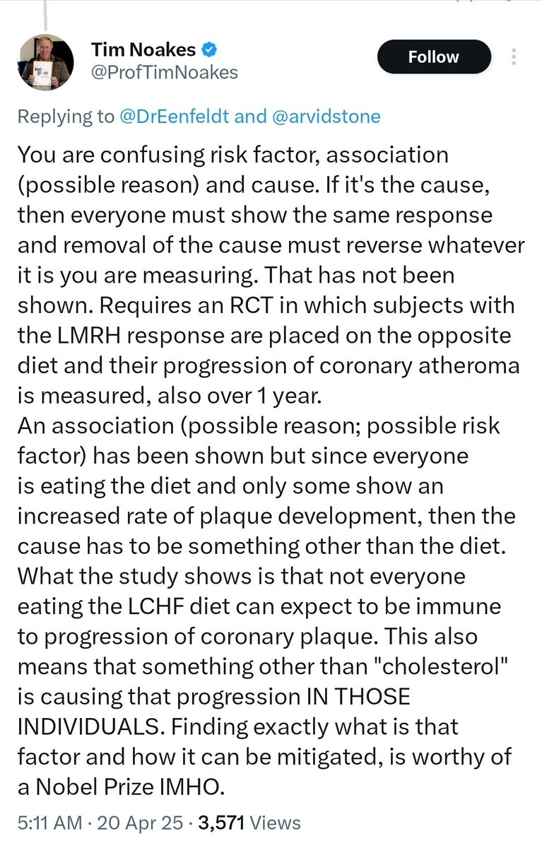 Alex Leaf (@alexjleaf) on Twitter photo I can't reply to <a href="/ProfTimNoakes/">Tim Noakes</a> because I'm blocked, but his comment here makes some fundamental errors about causality and ApoB that are worth addressing.
Not everyone who smokes gets lung cancer. Does that mean smoking doesn't cause lung cancer?
Of course not. But this same I can't reply to <a href="/ProfTimNoakes/">Tim Noakes</a> because I'm blocked, but his comment here makes some fundamental errors about causality and ApoB that are worth addressing.
Not everyone who smokes gets lung cancer. Does that mean smoking doesn't cause lung cancer?
Of course not. But this same
