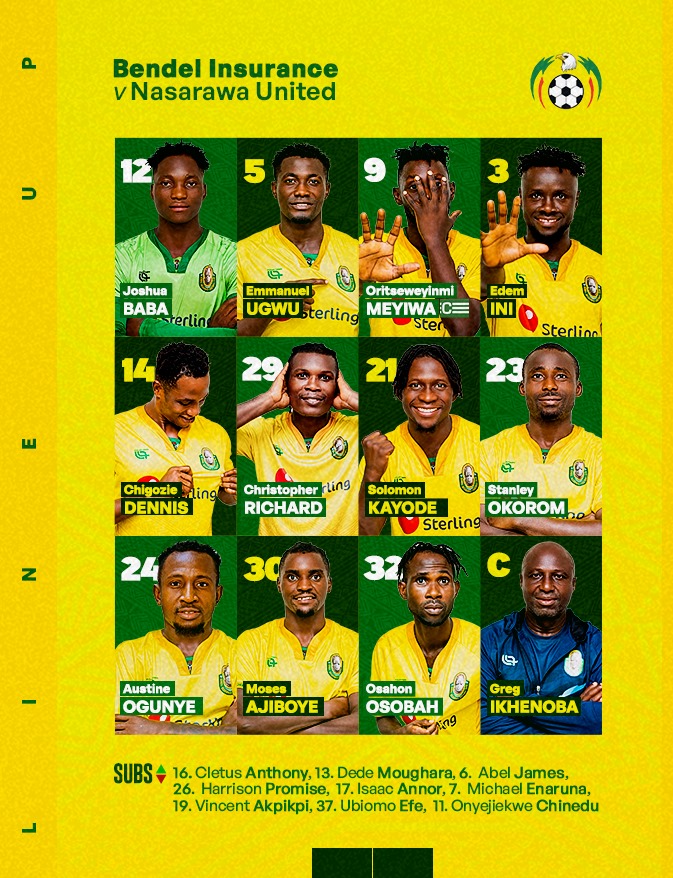 NigeriaPFL's tweet photo. 📋 BENDEL INSURANCE team sheet 🆚 Nasarawa Utd #BENNAS #NPFL25 #NPFL25FinalStretch 

📸 From @insurance_fc https://t.co/CVfISgC2Mq