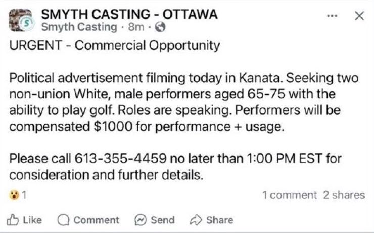 The casting call for this ad seems to have been posted on Facebook on Monday for a shoot in Kanata the same day x.com/CPC_HQ/status/…