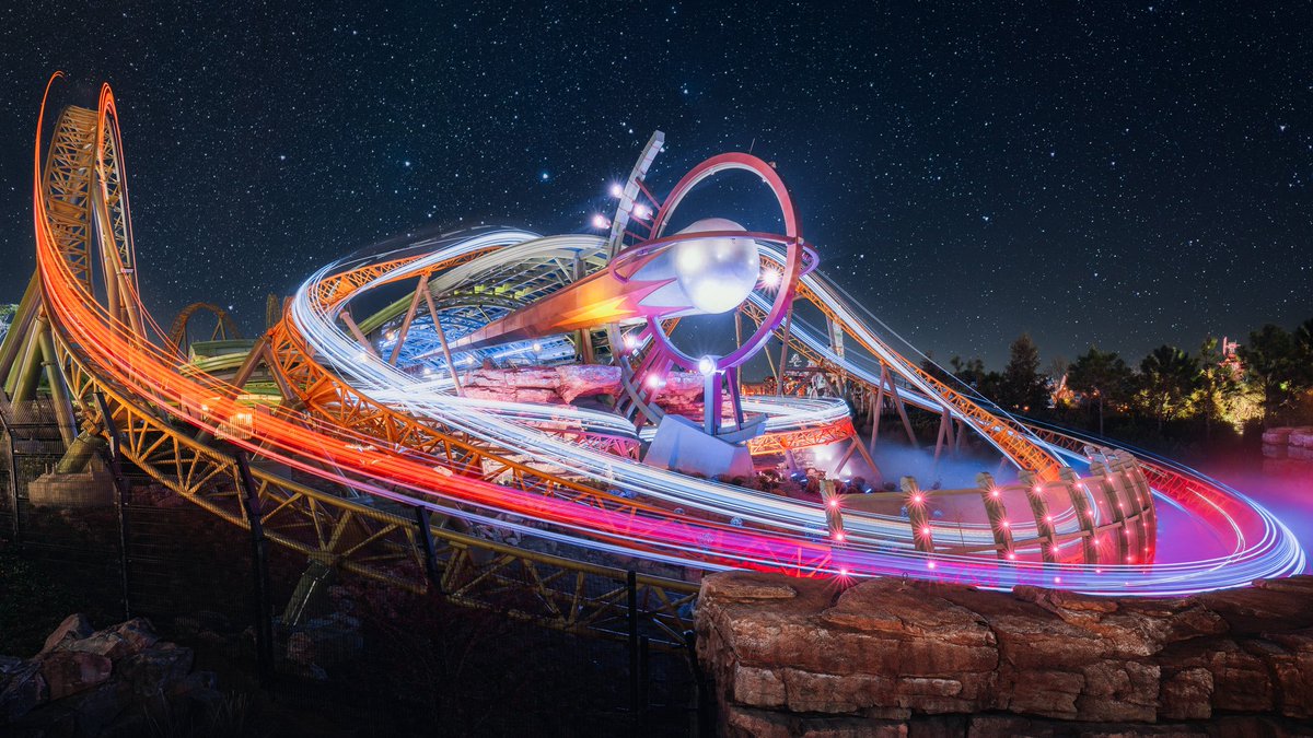 somewareatdiz's tweet photo. Stardust Racers long exposures at night, two with the normal (real) sky and two with stars that I captured in Utah because I think it looks neat and matches the theme https://t.co/JFWBDRu6gA